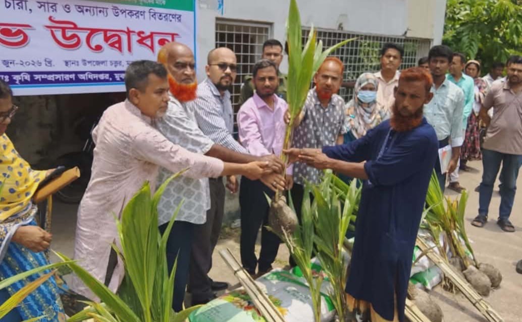 মুকসুদপুরে কৃষকের মাঝে বিনামূল্যে নারকেল গাছের চারা ও সার বিতরণ